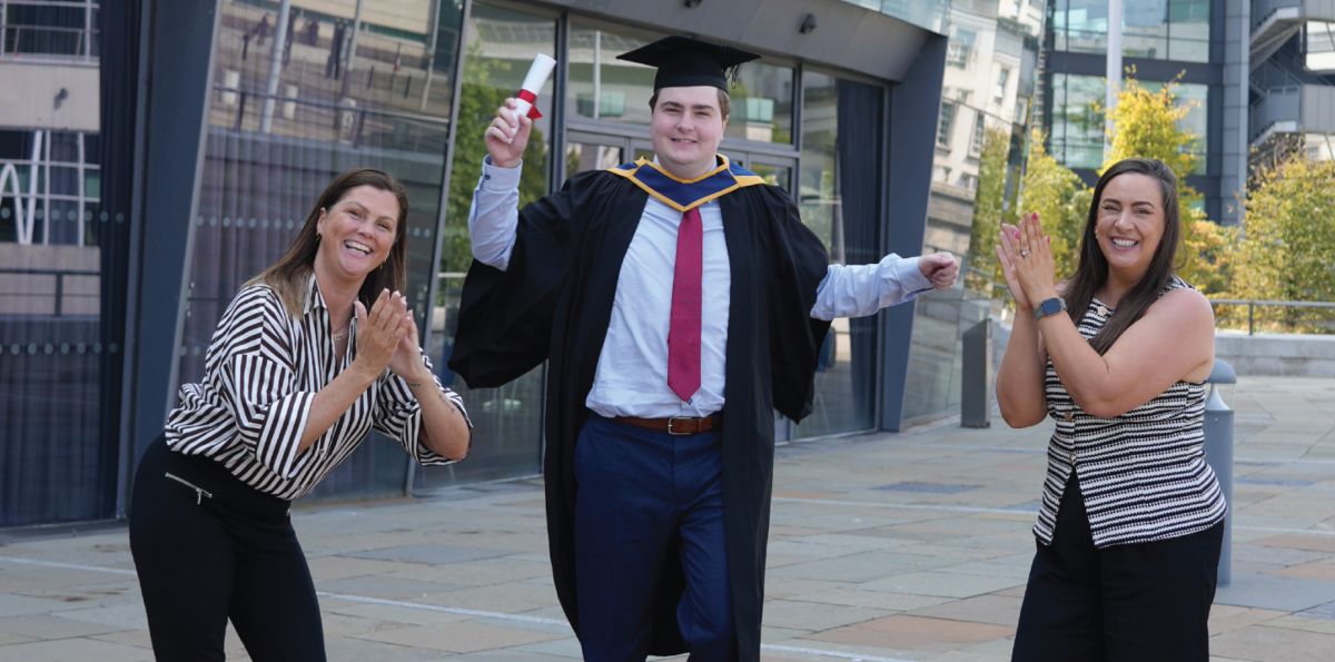Claire Hatton, Head of Training and Projects and Fiona O’Neill, Director of Corporate Services, Regency Carpet Manufacturing Ltd with student Chris Bruton.